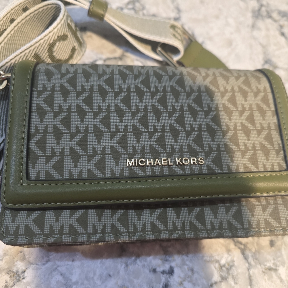 Michael Kors Olive Green and Beige MK Logo Crossbody Bag